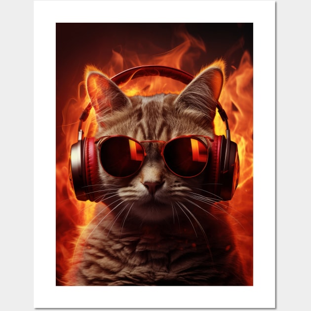 Music Addict cat wearing sunglasses and headphones Wall Art by Juka